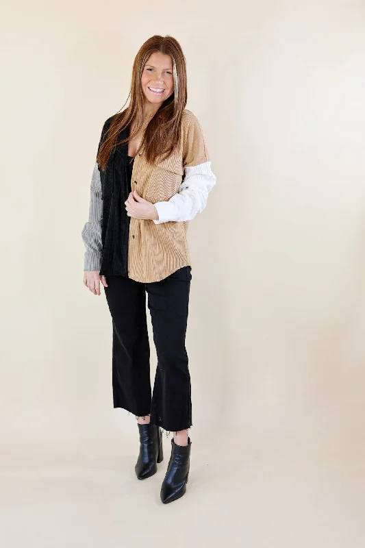 Cozy Perk Button Up Color Block Corduroy Shacket in Black and Tan