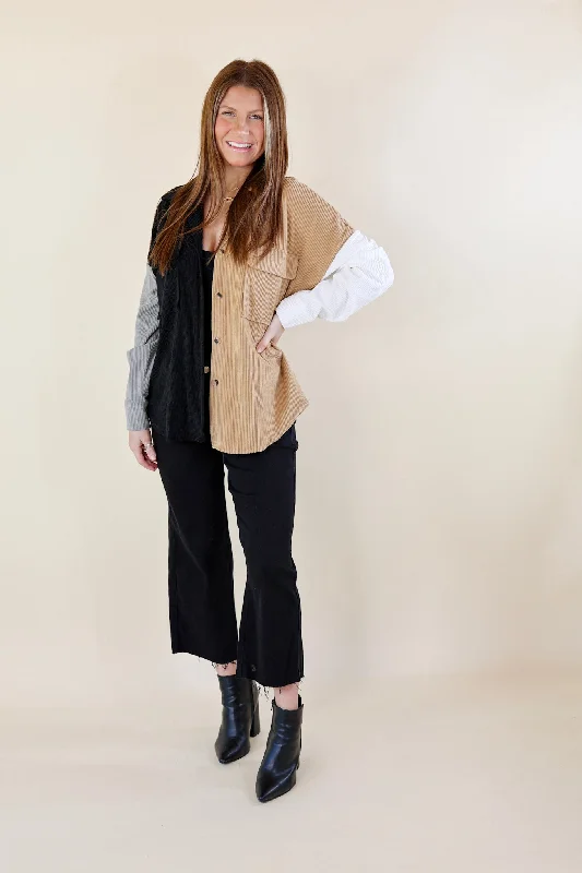 Cozy Perk Button Up Color Block Corduroy Shacket in Black and Tan