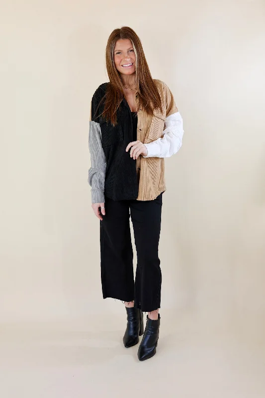 Cozy Perk Button Up Color Block Corduroy Shacket in Black and Tan