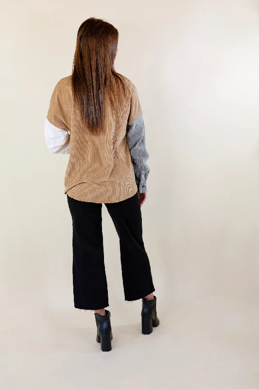 Cozy Perk Button Up Color Block Corduroy Shacket in Black and Tan