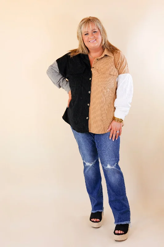 Cozy Perk Button Up Color Block Corduroy Shacket in Black and Tan