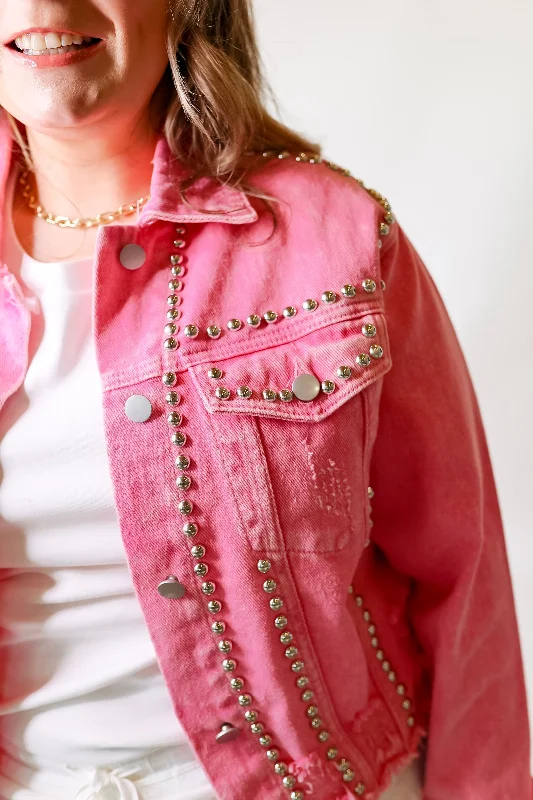 Instantly Impressed Cropped Denim Jacket with Silver Studs in Hot Pink