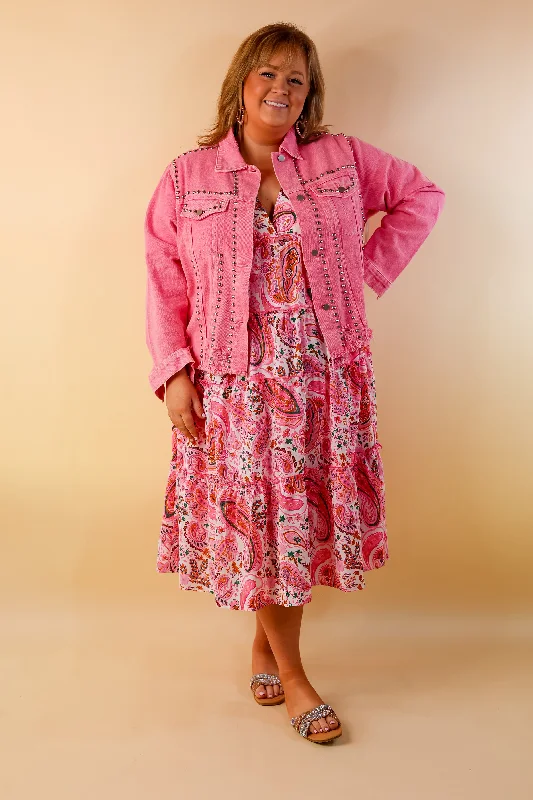 Instantly Impressed Cropped Denim Jacket with Silver Studs in Hot Pink