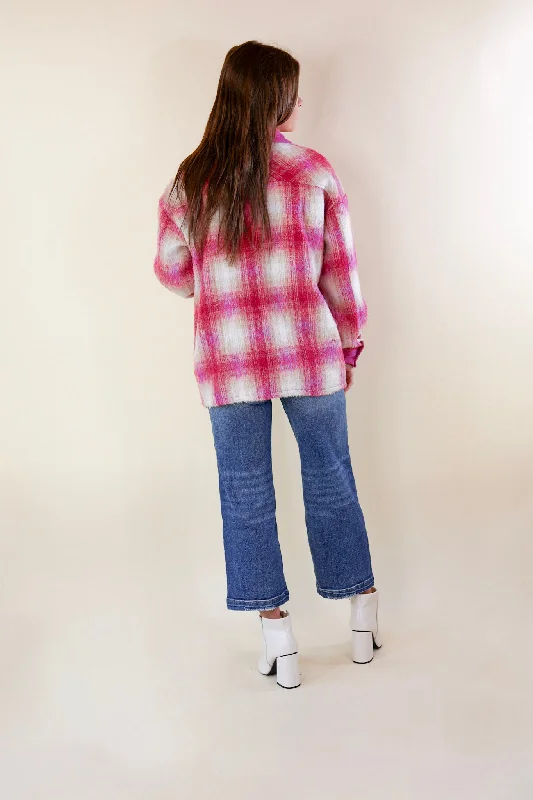 Mountain Retreat Plaid Fleece Jacket with Corduroy Trim in Pink