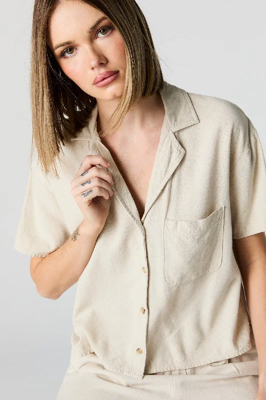 Linen Short Sleeve Button-Up Top