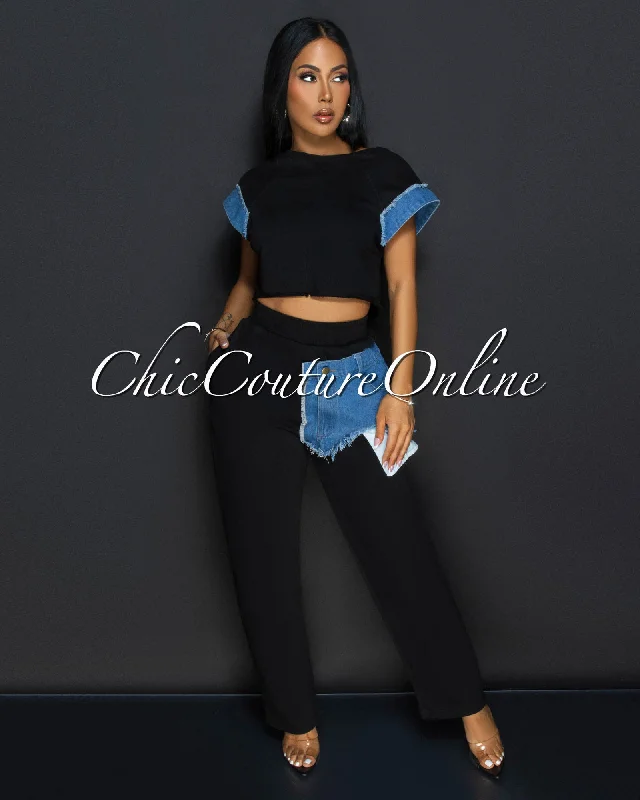 Adyson Black Denim Crop Top & Wide Legs Pants Set