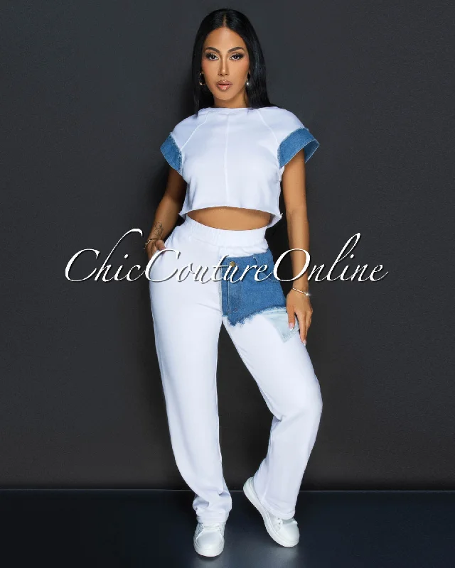 Adyson White Denim Crop Top & Wide Legs Pants Set