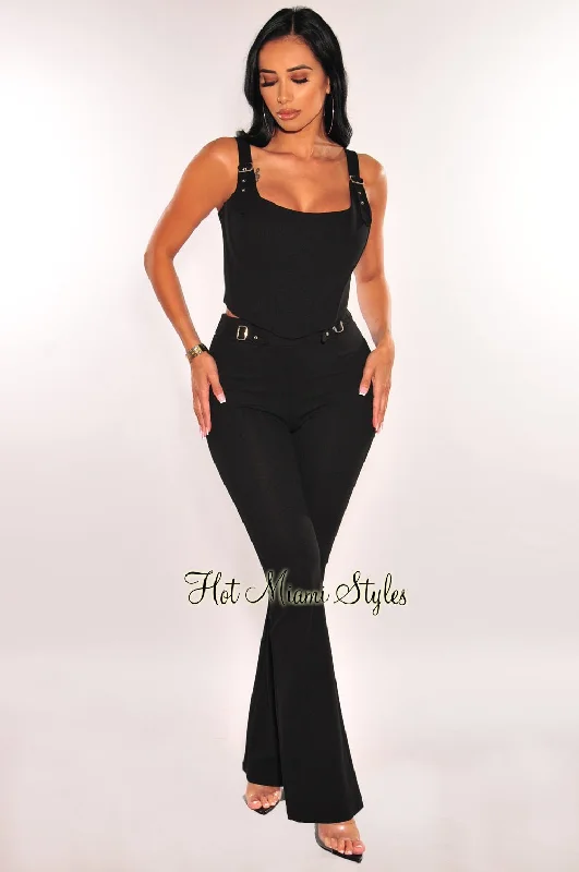 Black Corset Boned Sleeveless Buckle Wide Leg Pants Two Piece Set