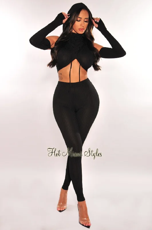 Black Ribbed Hoodie Off Shoulder Criss Cross High Waist Pants Two Piece Set