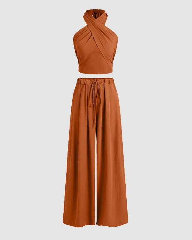 Cross Halter Shirred Back Crop Top &  Wide Leg Drawstring Loose Fit Trousers In Rust Orange