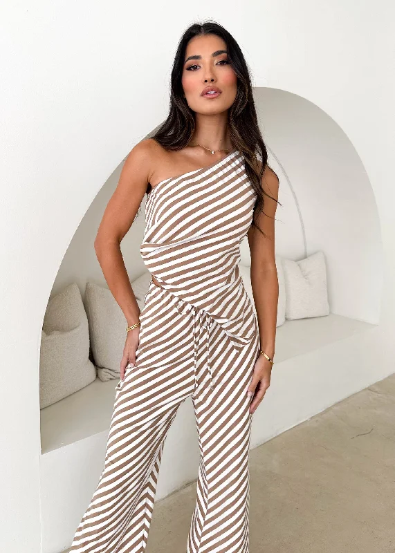 Heidi One Shoulder Top - Beige Stripe