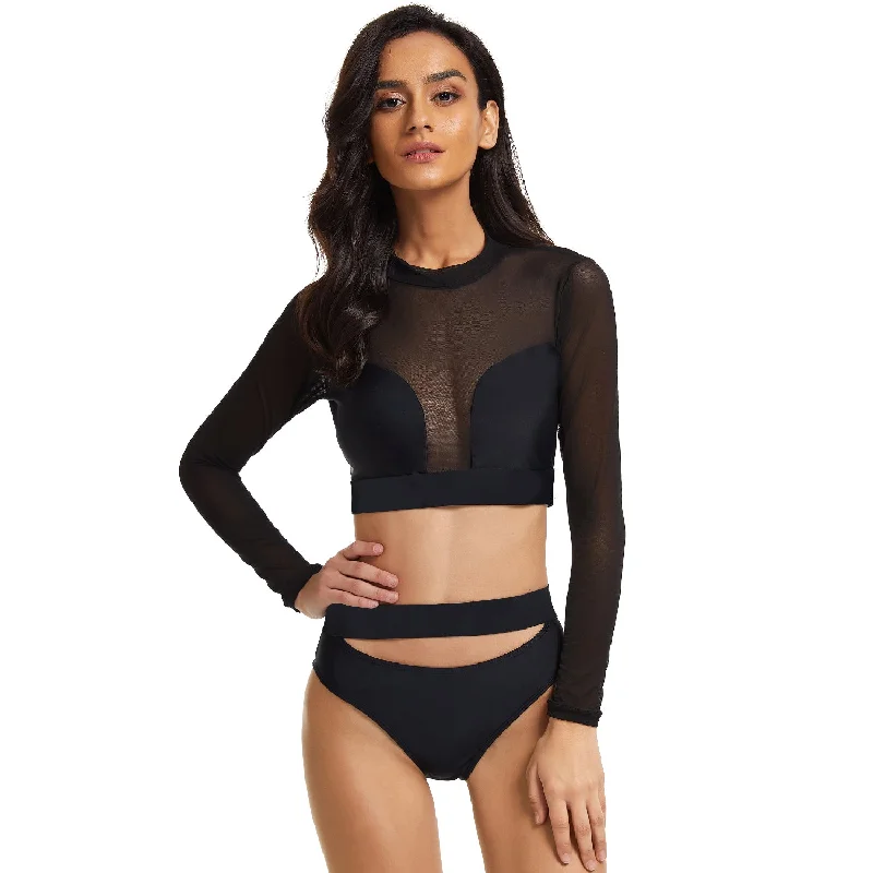 Lulunesy long sleeve swimwear sexy surf bikini mesh two pieces surfsuit