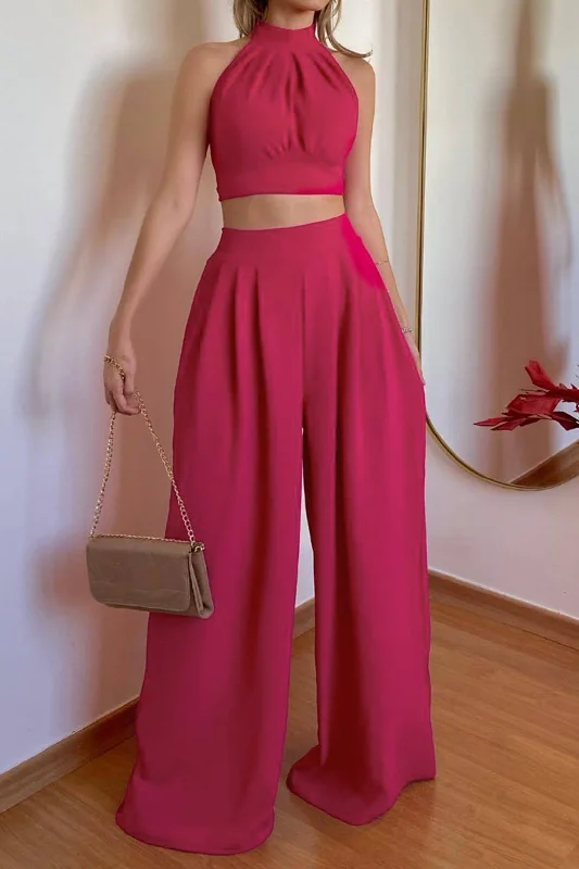 Halter Neck Backless Top And Pleated Pants Set