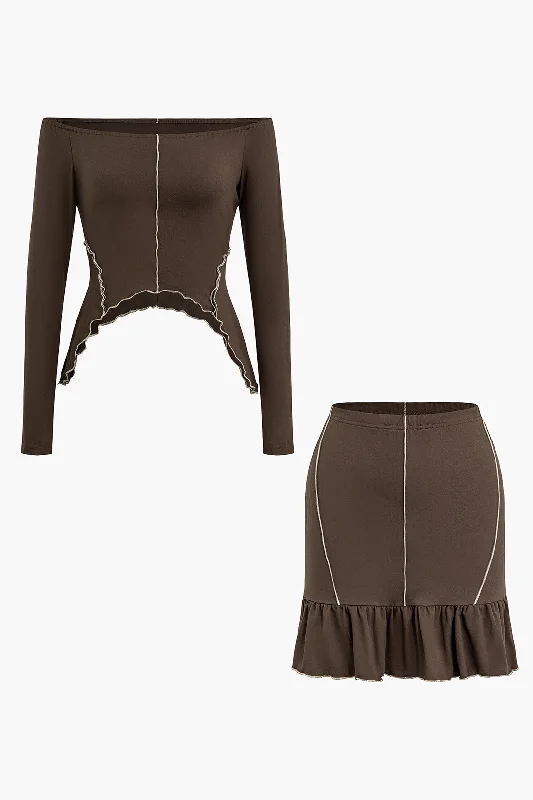 Contrast Stitching Off Shoulder Long Sleeve Top And Ruffle Mini Skirt Set