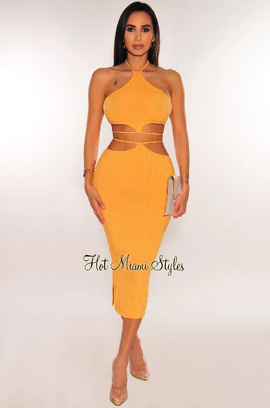 Melon Orange Ribbed Halter Cut Out Tie Up Skirt Two Piece Set