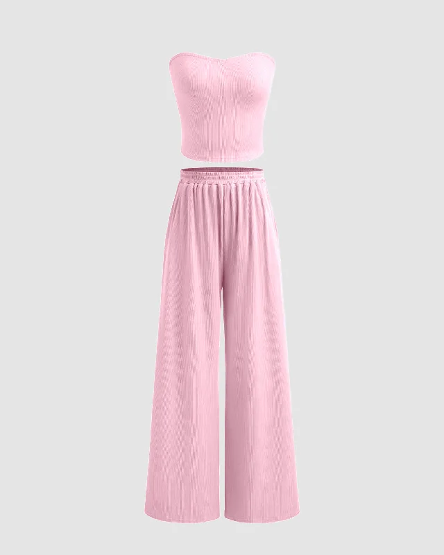 Ruched Tube Top and Wide Leg Trousers In Pink