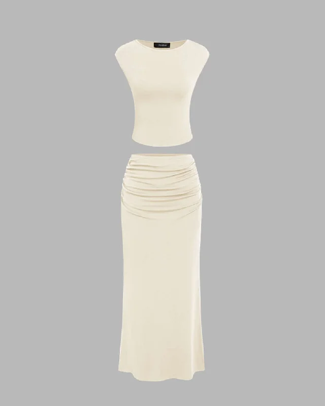 Sleeveless Crop Tank Top & Ruched Maxi Skirt In Off White