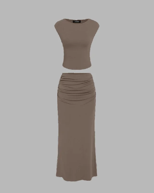 Sleeveless Crop Tank Top & Ruched Maxi Skirt In Olive Green