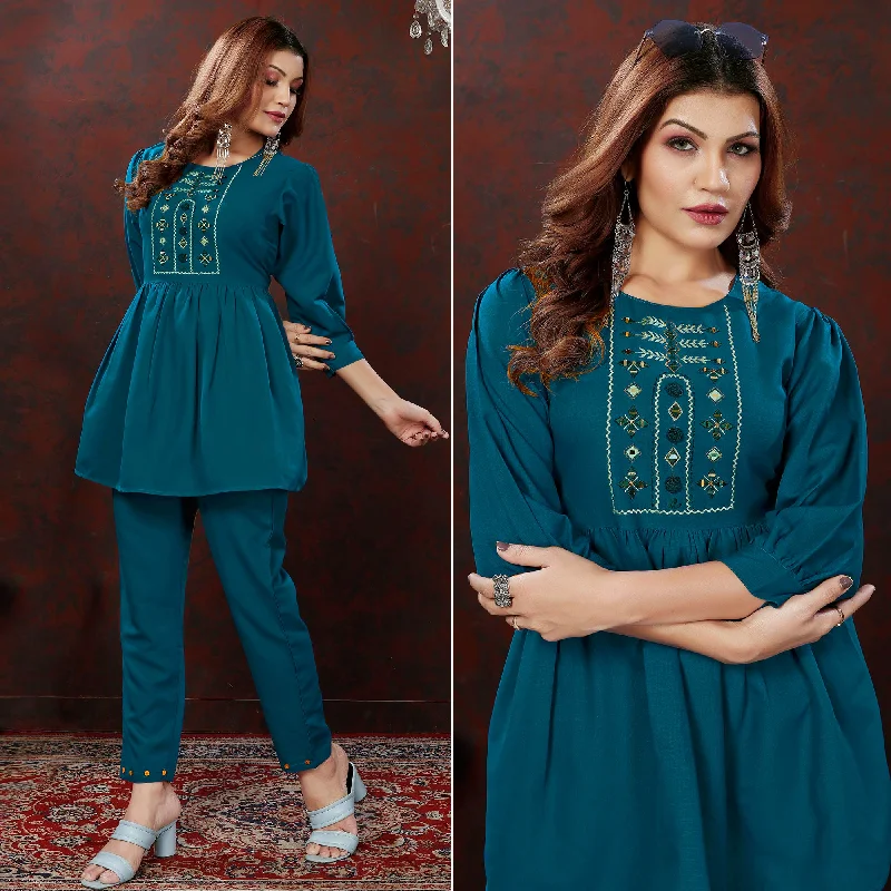 Teal Blue Embroidered Cotton Blend Co Ord Set