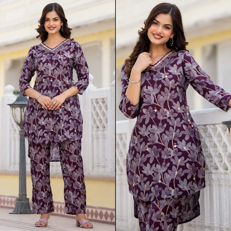 Wine Floral Printed Chanderi Silk Co-Ord Set