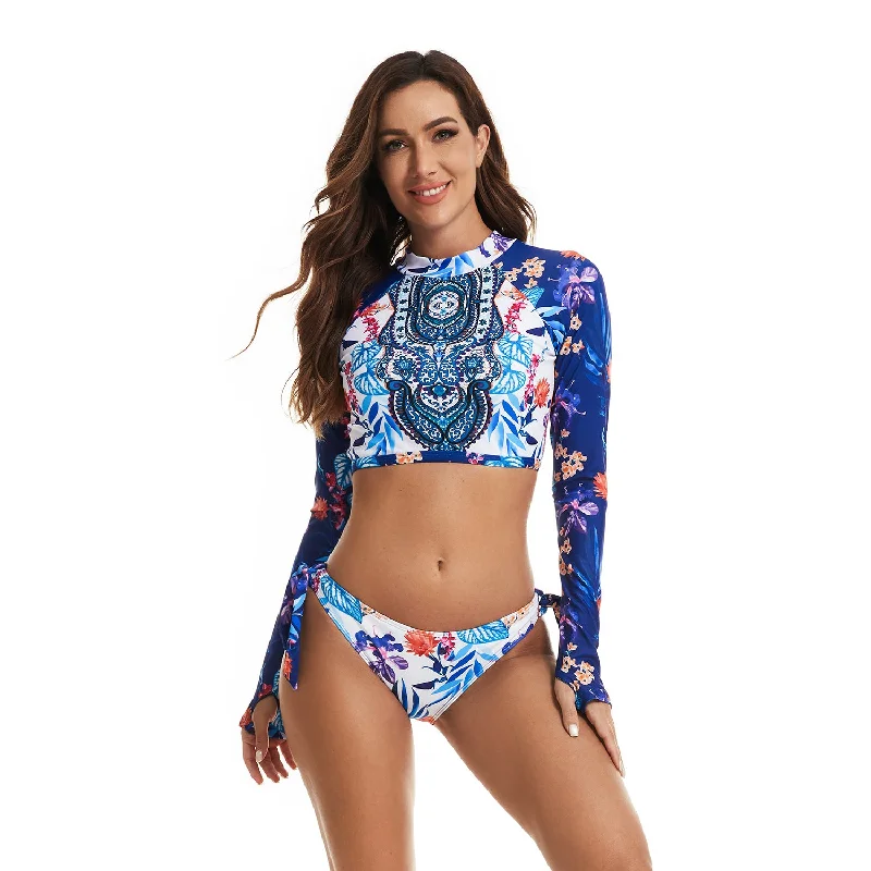 Women’s 2 Piece Rash Guard Long Sleeve Crop Top Bikini Printed Swimsuit