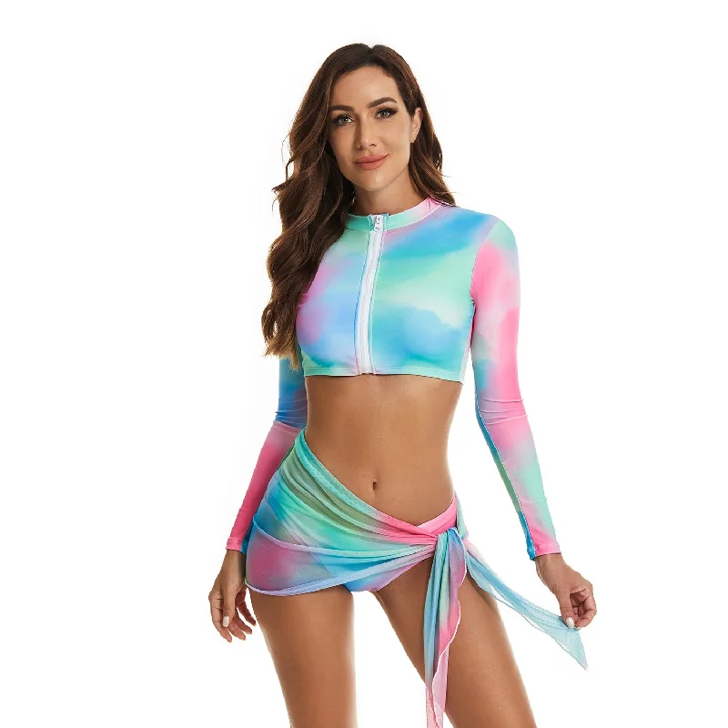 Women’s 3 Piece Long Sleeve Rash Guard Crop Top Bikini Printed Swimsuit