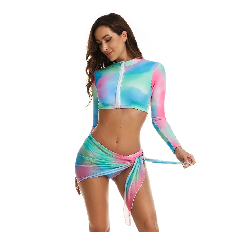 Women’s 3 Piece Long Sleeve Rash Guard Crop Top Bikini Printed Swimsuit