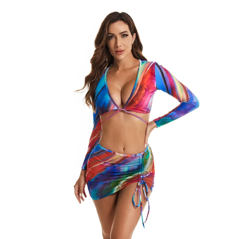 Women’s Long Sleeve Rash Guard 3 Piece Crop Top Bikini Printed Swimsuit