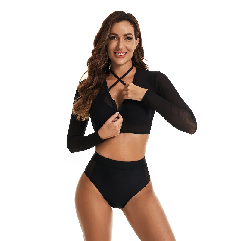 Women’s Rash Guard Long Sleeve 2 Piece Crop Top Bikini Printed Swimsuit