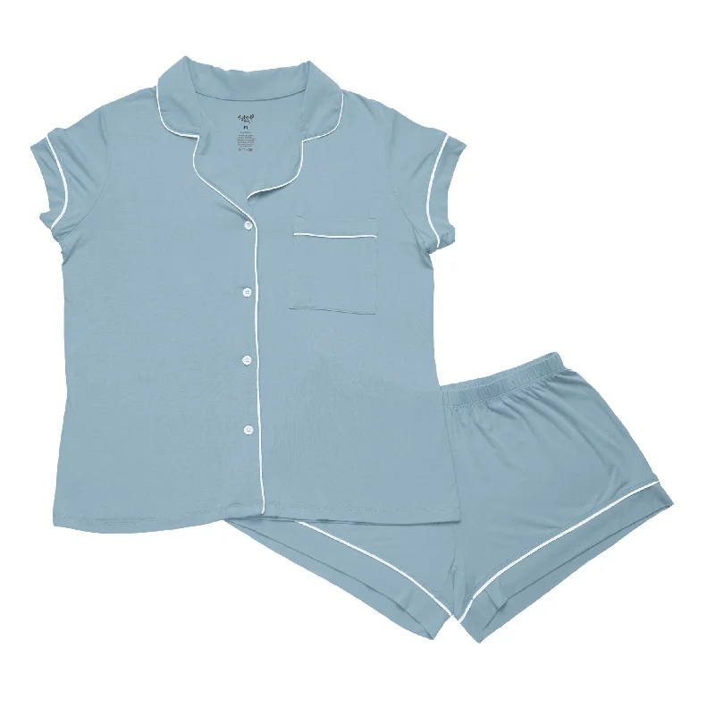 Women’s Short Sleeve Pajama Set in Dusty Blue with Cloud Trim