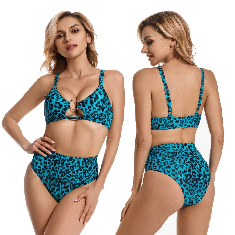 Women's High Waist Swimsuit Bikini O-ring Leopard Swimwear