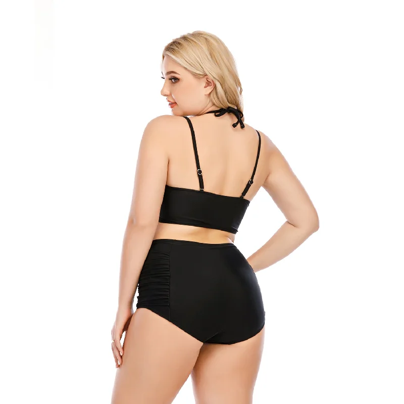 Women's Plus Size Two Piece Black Fishnet Triangle Bottoms Swimsuit