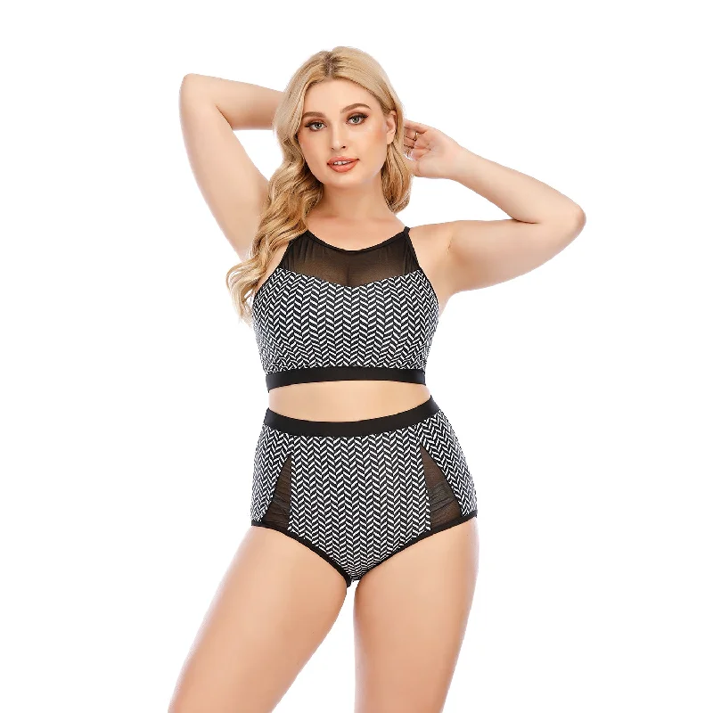 Women's Two Piece Plus Size Black Gauze Triangle Bottom Mesh Pattern Swimsuit