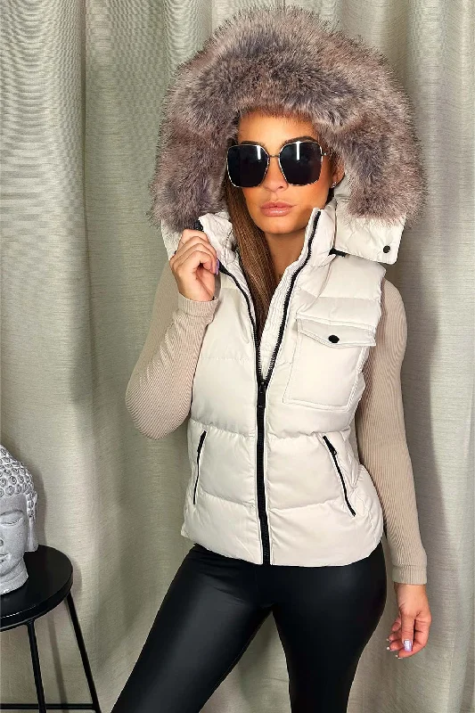 Beige Gilet With Faux Fur Hood