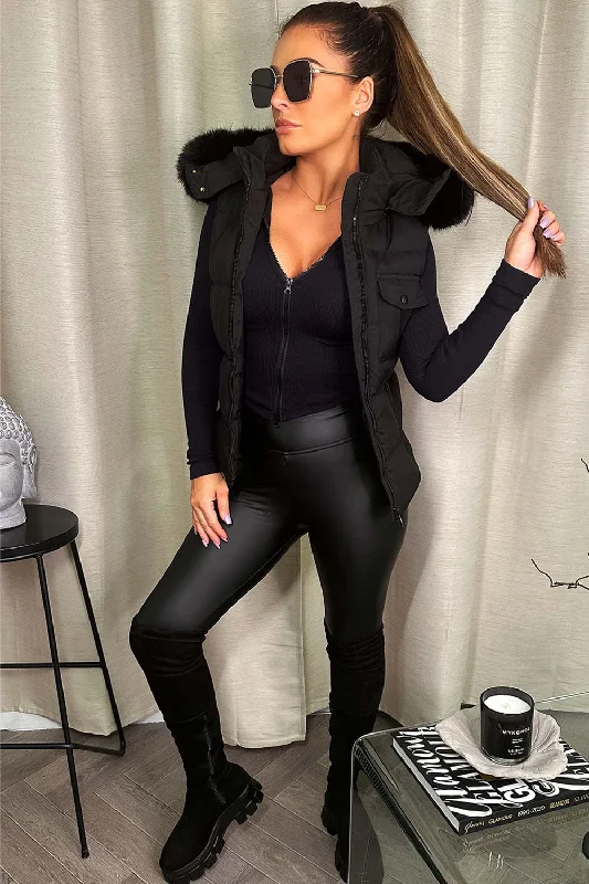 Black Gilet With Faux Fur Hood