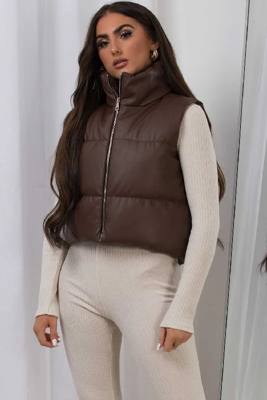 Crop Gilet In Faux Leather Brown