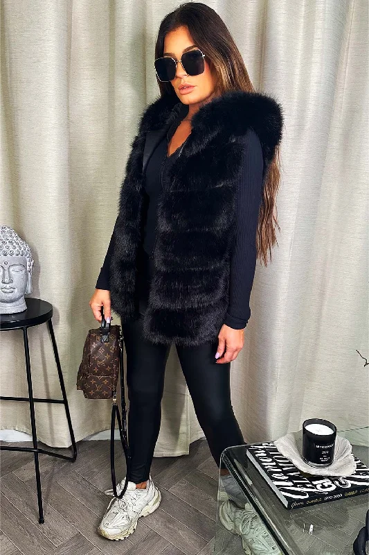 Faux Fur Hooded Gilet Black