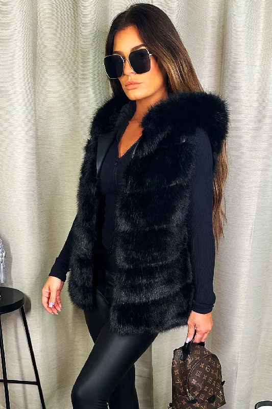 Faux Fur Hooded Gilet Black