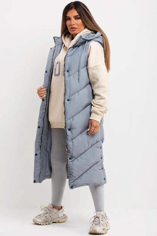 Grey Long Gilet With Chevron Padded Style