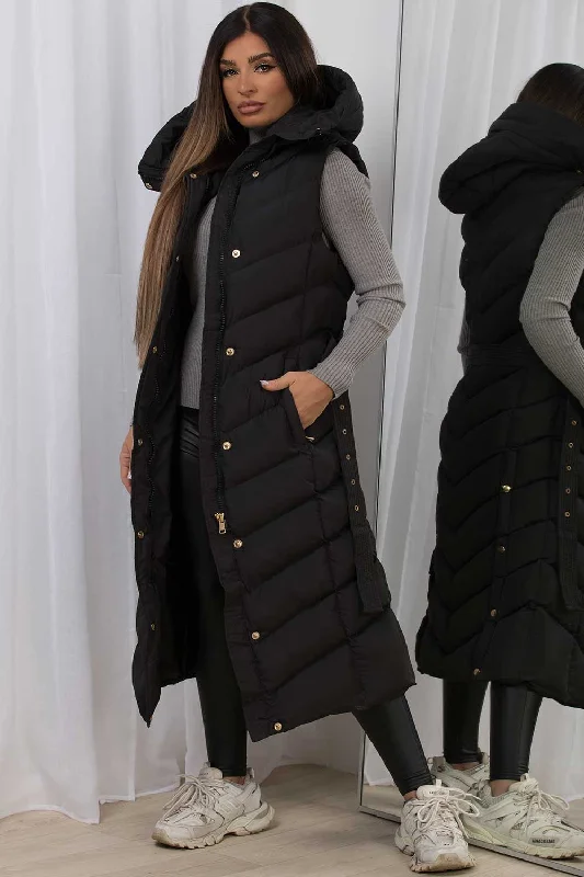 Long Gilet With Belt And Hood Black