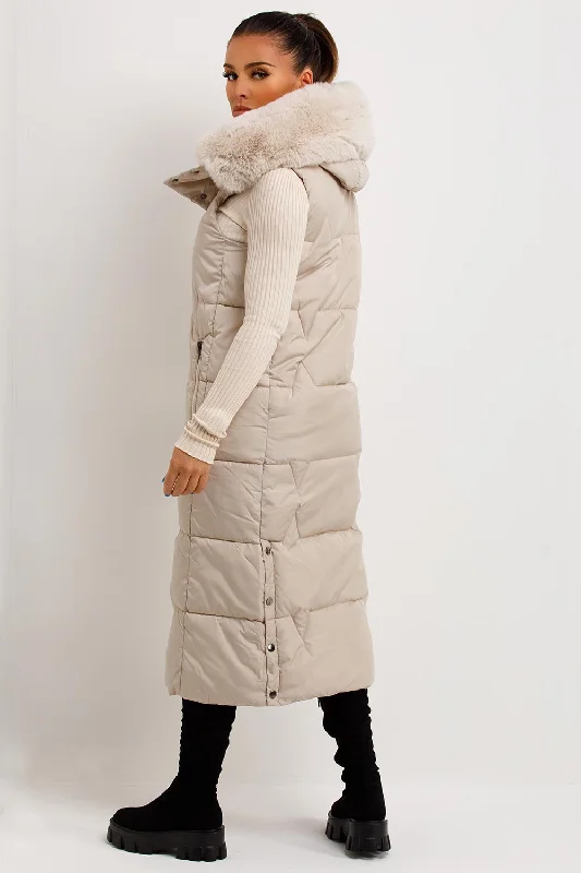 Long Puffer Gilet With Faux Fur Hood Beige