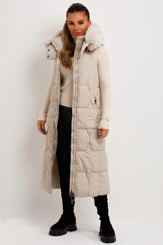 Long Puffer Gilet With Faux Fur Hood Beige