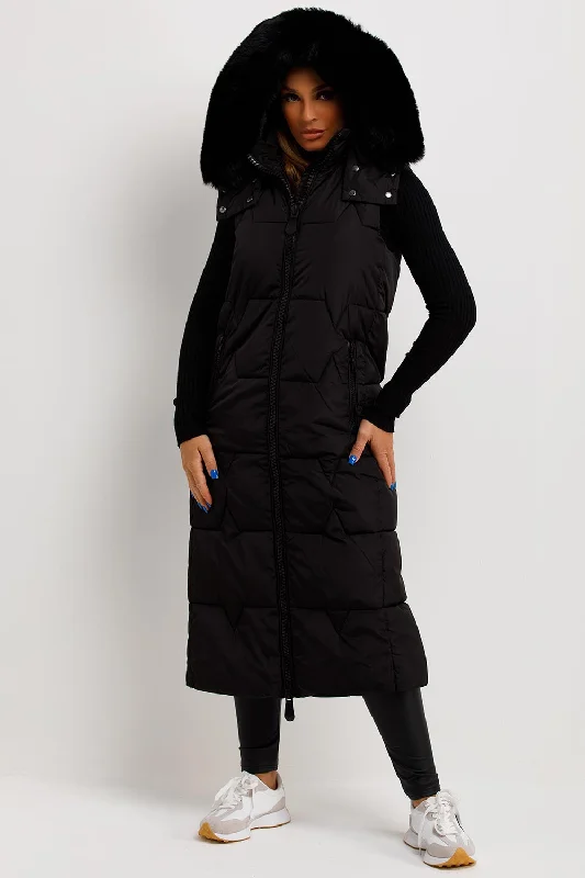 Long Puffer Gilet With Faux Fur Hood Black