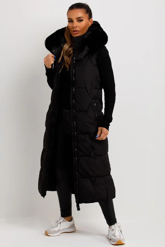 Long Puffer Gilet With Faux Fur Hood Black