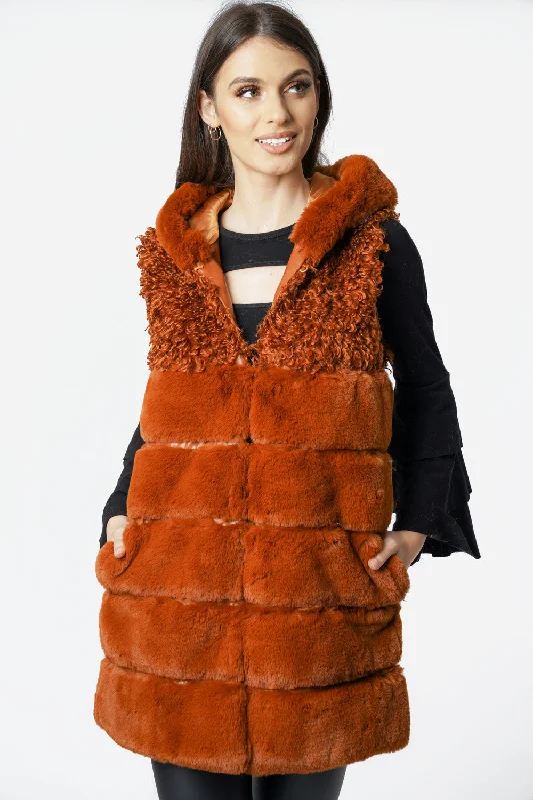 Mixed Fur Hooded Long Gilet