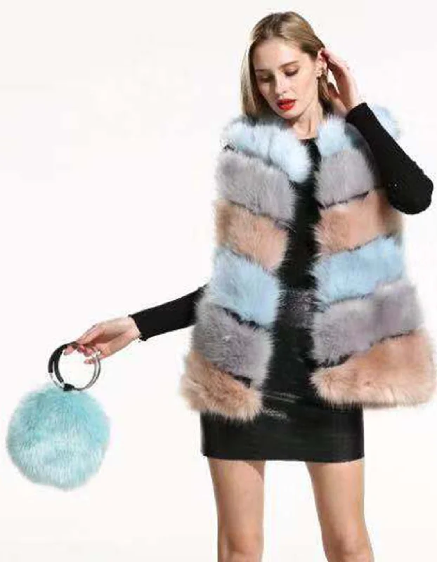 Powder Blue MultiColours Stripe Faux Fur Gilet