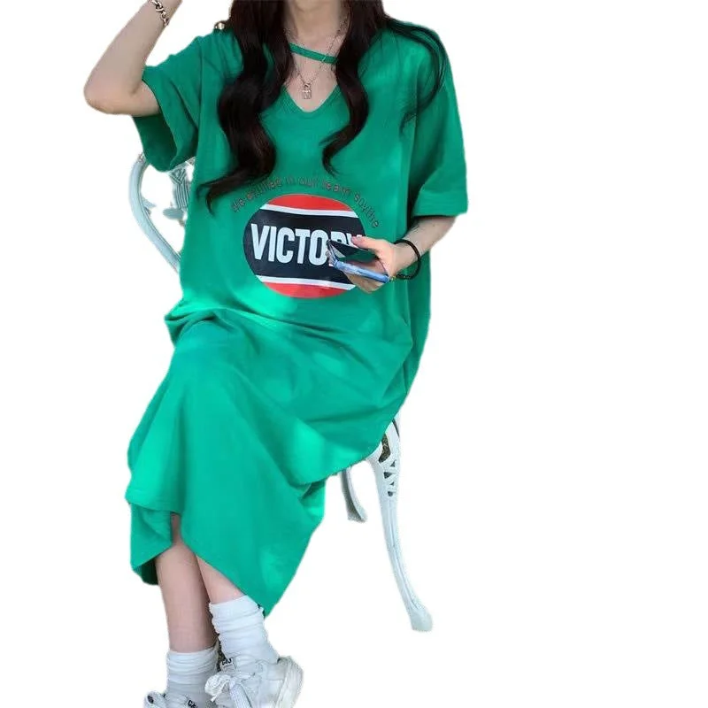 NiDELL American-Style Retro Green V-neck T-shirt Dress Women's Summer Loose and Lazy Style Casual Straight-Leg Long Short Sleeve Dress