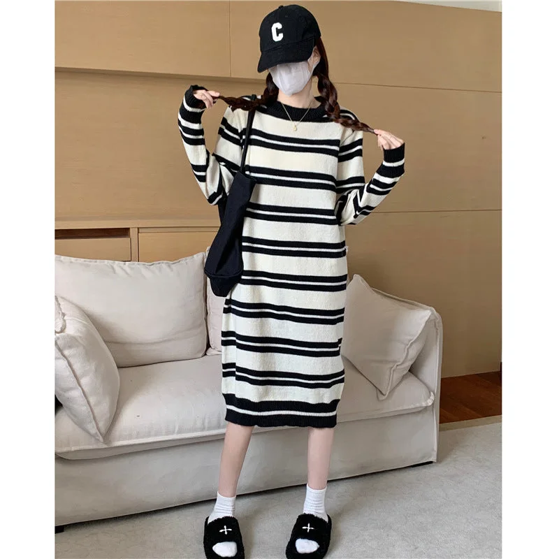 NiDELL Autumn and Winter Dress . New Women's Clothing Vintage Stripe Knitted Dress Idle Style Loose Knitted Dress