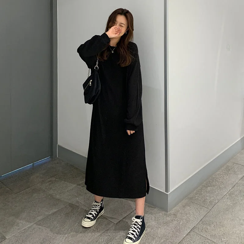 NiDELL . Autumn and Winter New Korean Style Slit Hemline at Hem Loose Thin over the Knee Long Sweater Dress Women's Long-Sleeved Dress