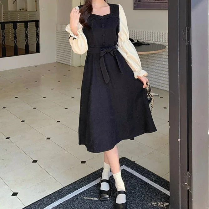 NiDELL . Autumn New Korean Style Color Contrast Patchwork Salt Series Young Wear High-Grade Temperament Black Dress